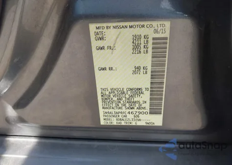 2015 Nissan Altima 2.5/2.5 S/2.5 Sl/2.5 Sv z USA, uszkodzony, nr VIN 1N4AL3AP4FC467900